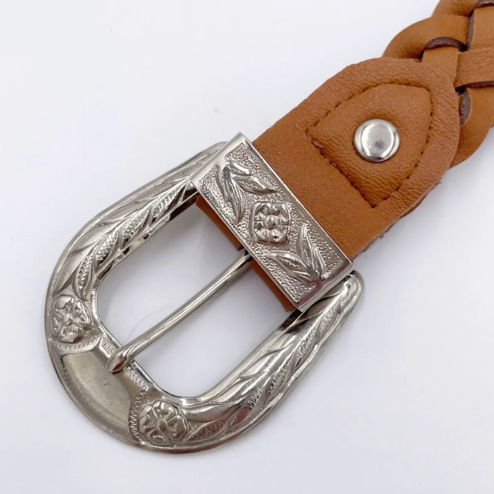 Vintage Western Belt Braided Genuine Leather Silver Buckle Flower Design 38